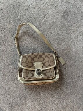 Coach Small Signature Shoulder Bag in Brown and Gold